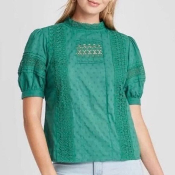 Universal Thread Tops - NWOT Teal Green Crochet Trim High Neck Peasant Top Blouse Puff Sleeve New